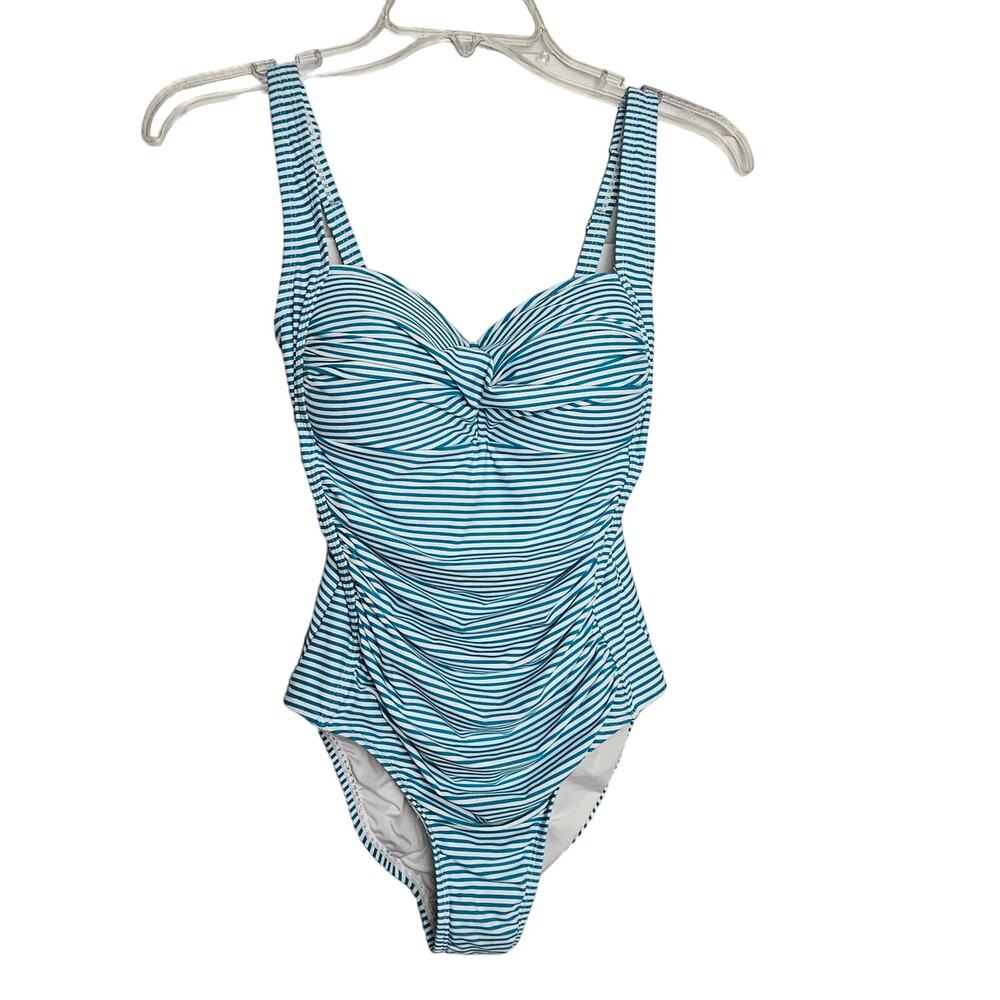 Nip Tuck Swim Ruched Blue White Striped One Piece Bathing Suit Size 4 Flattering